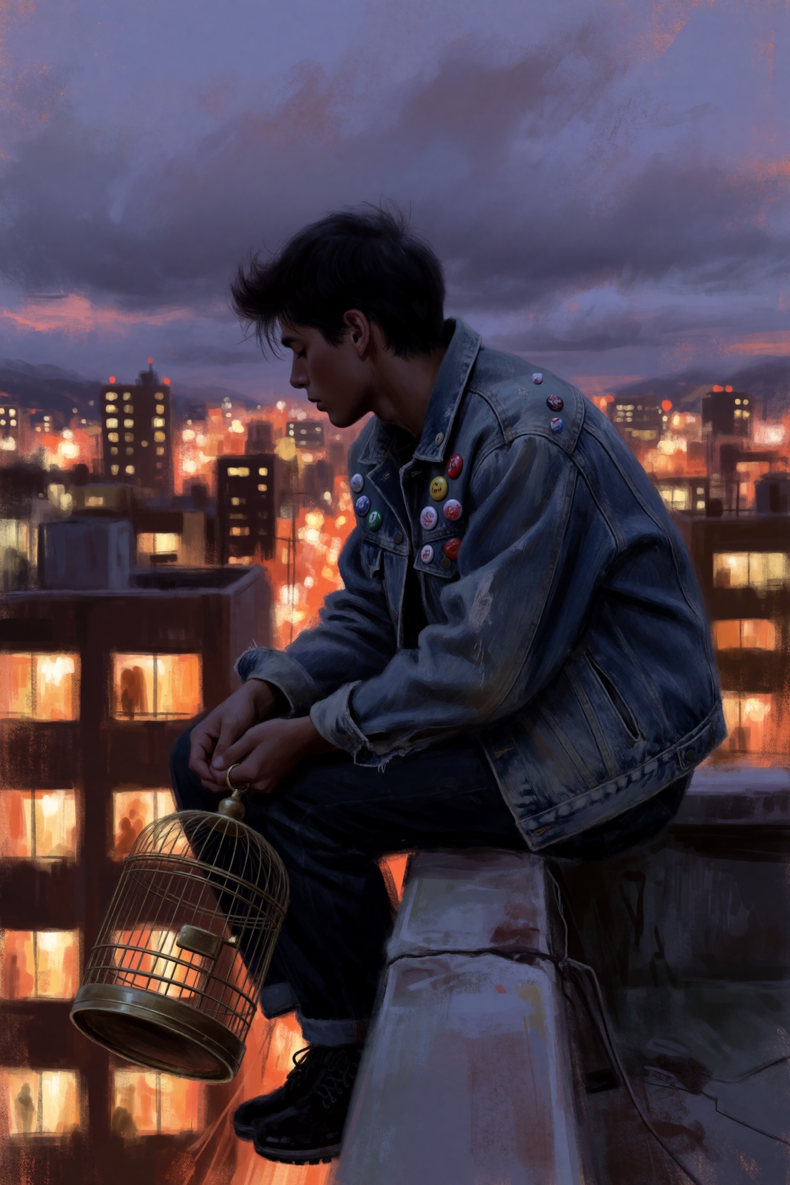 highres,  absurdres,  @k05062688 A painterly digital artwork depicts a young person sitting alone on the edge of a rooftop...