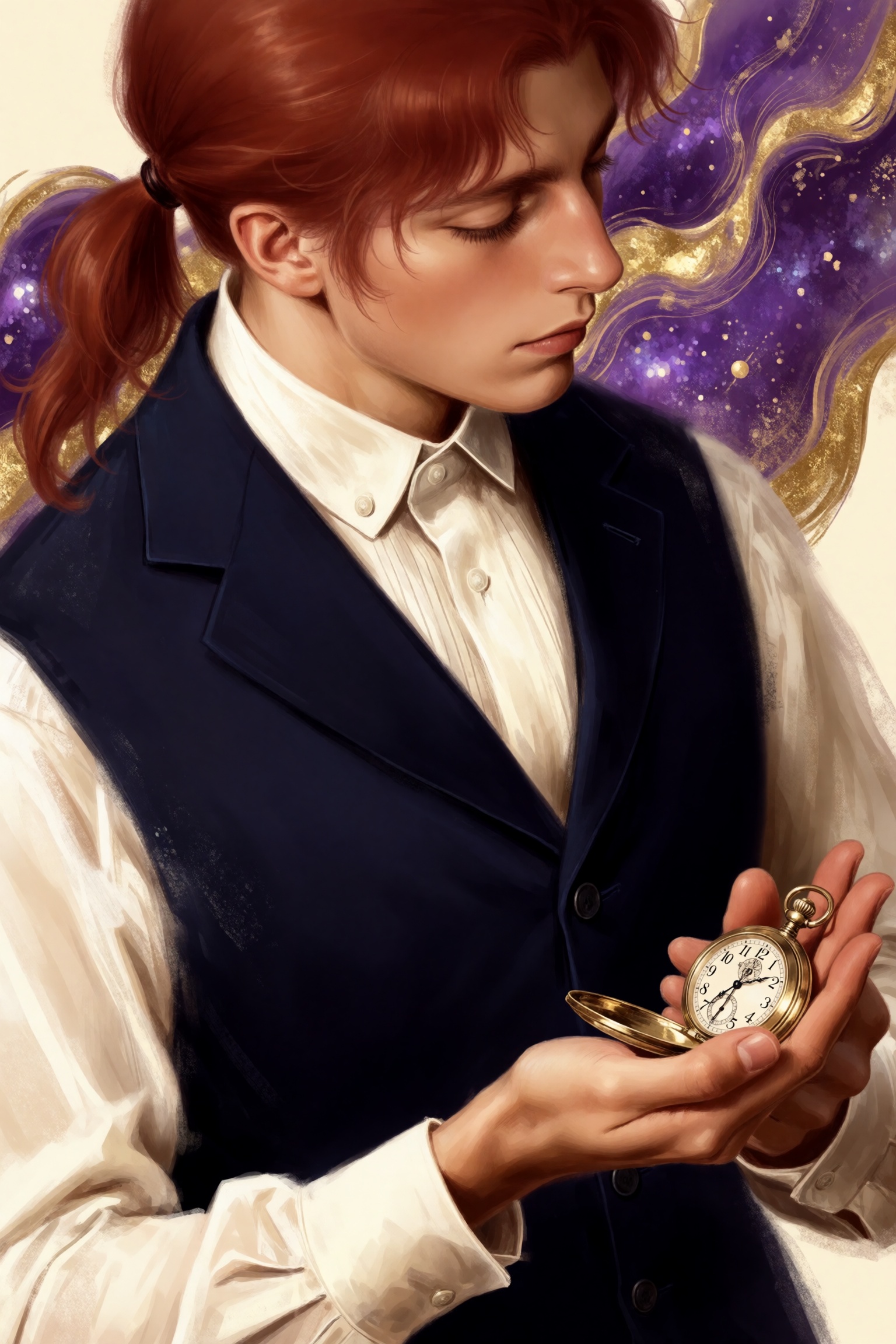 highres,  absurdres,  @k05062688 This digital painting depicts a close-up of a person with auburn hair neatly styled in a...