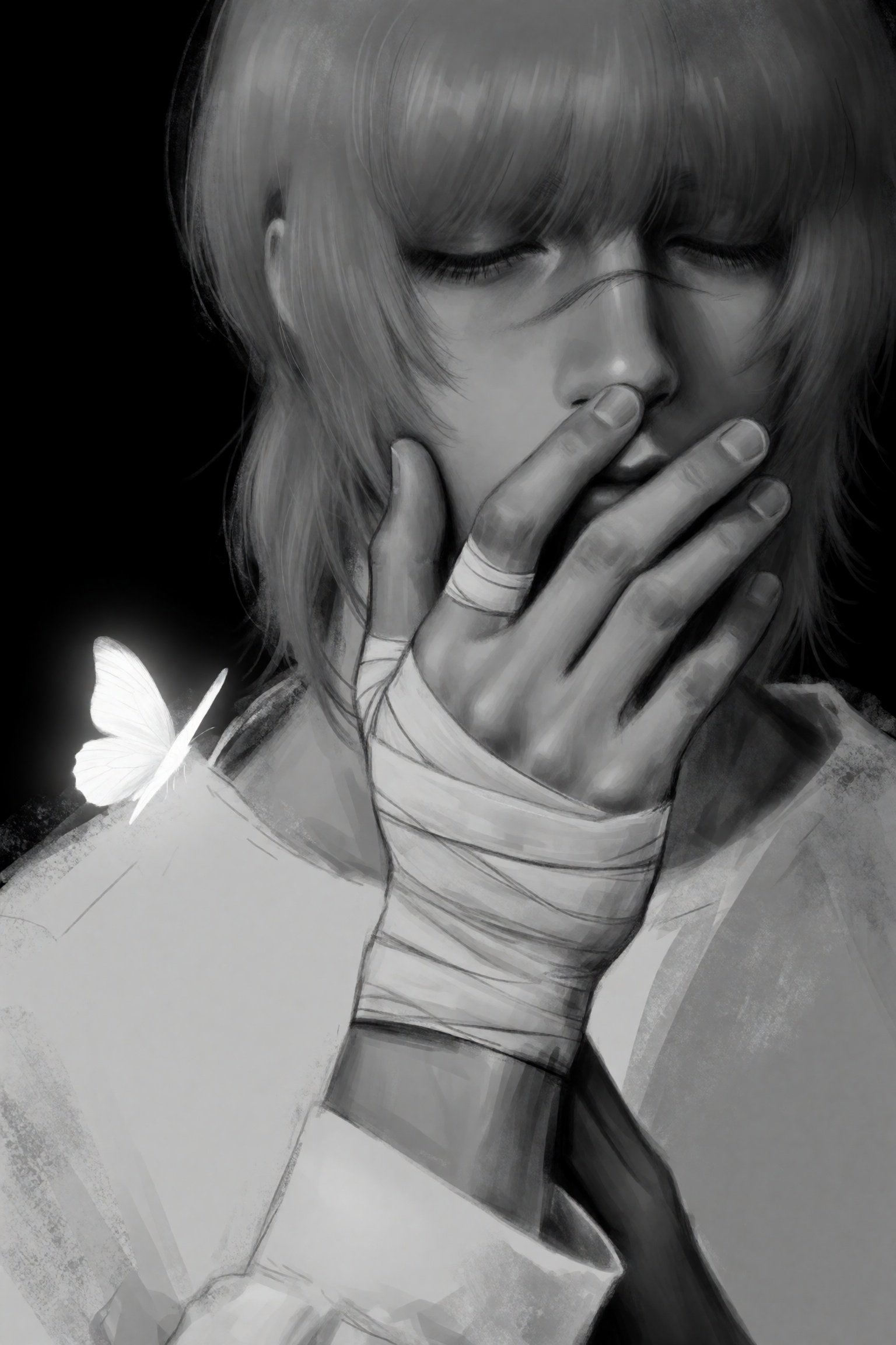 highres,  absurdres,  @k05062688 This grayscale digital portrait features a young person with short on Tensor.Art