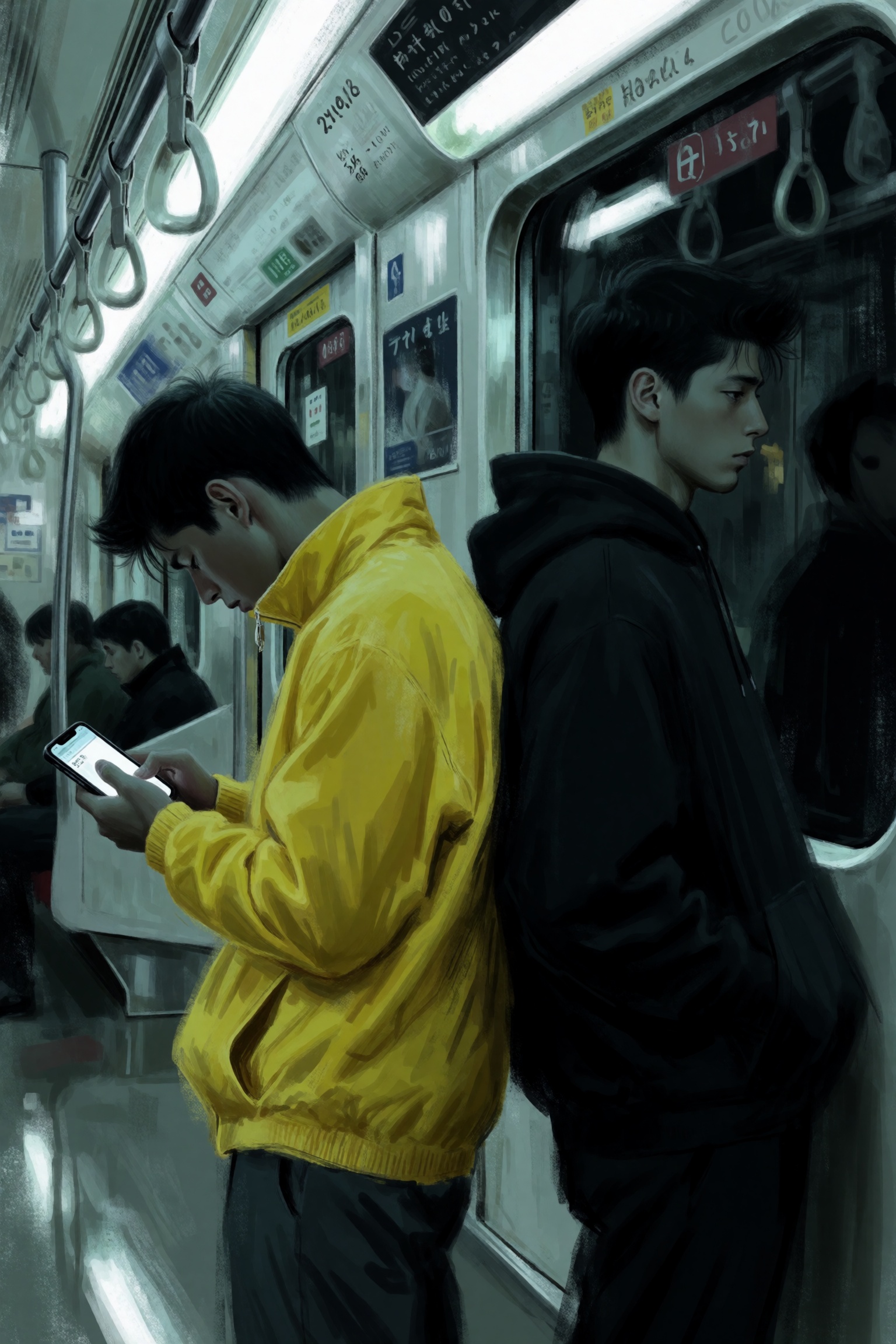 highres,  absurdres,  @k05062688 This digital artwork depicts two young men standing back-to-back in a dimly lit subway ca...