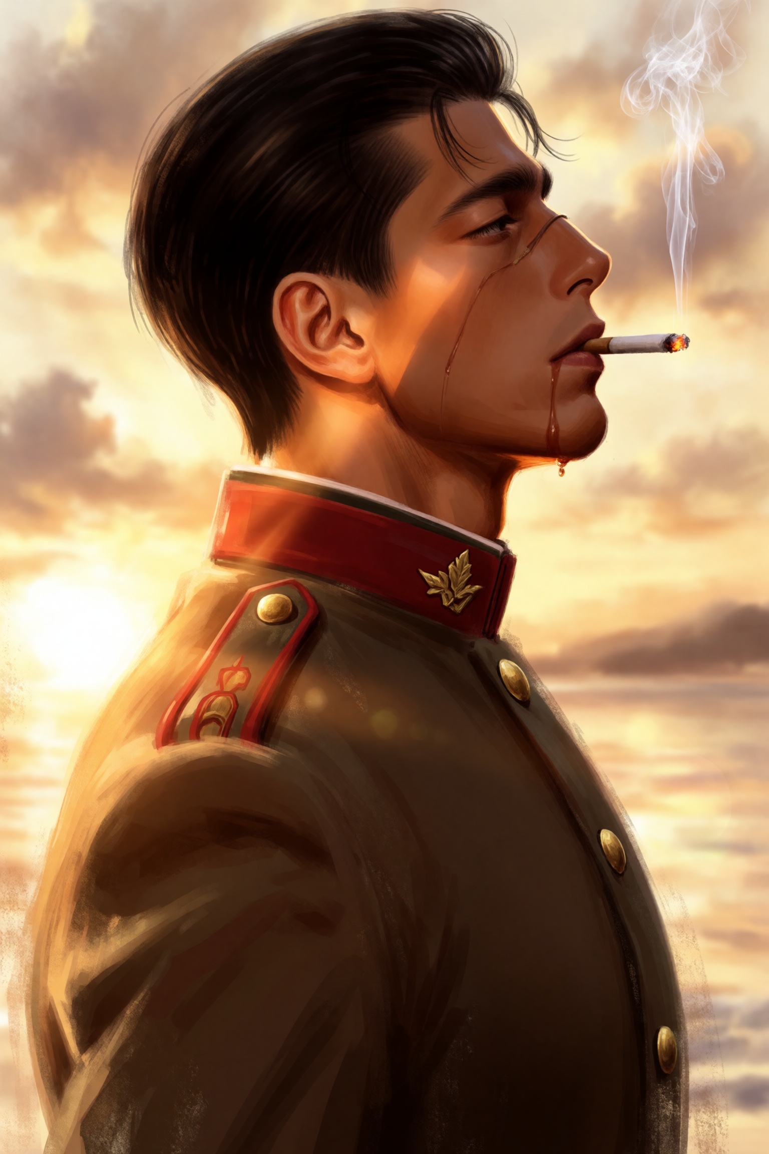 highres,  absurdres,  @k05062688 This digital painting presents a young man viewed in strict profile against a hazy on Ten...