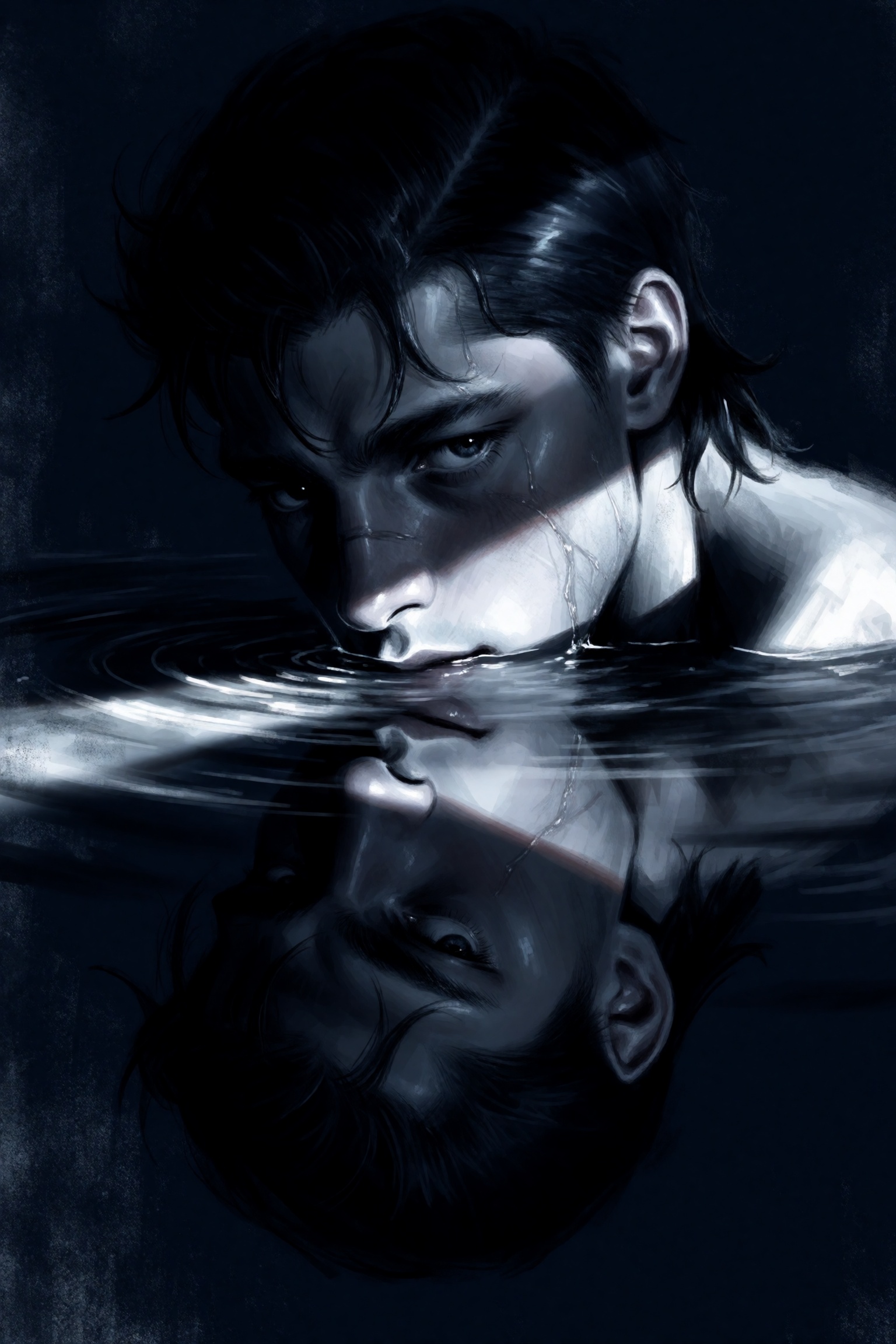 highres,  absurdres,  @k05062688 A dramatic digital portrait features a young man partially submerged in dark on Tensor.Art