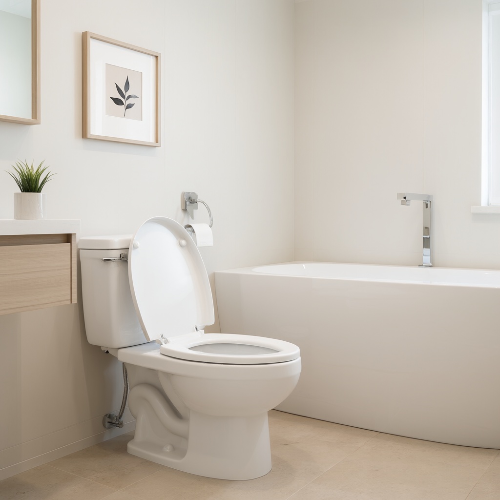 Create an image that captures a person using the toilet in a modern bathroom setting. The style should be realistic yet sl...