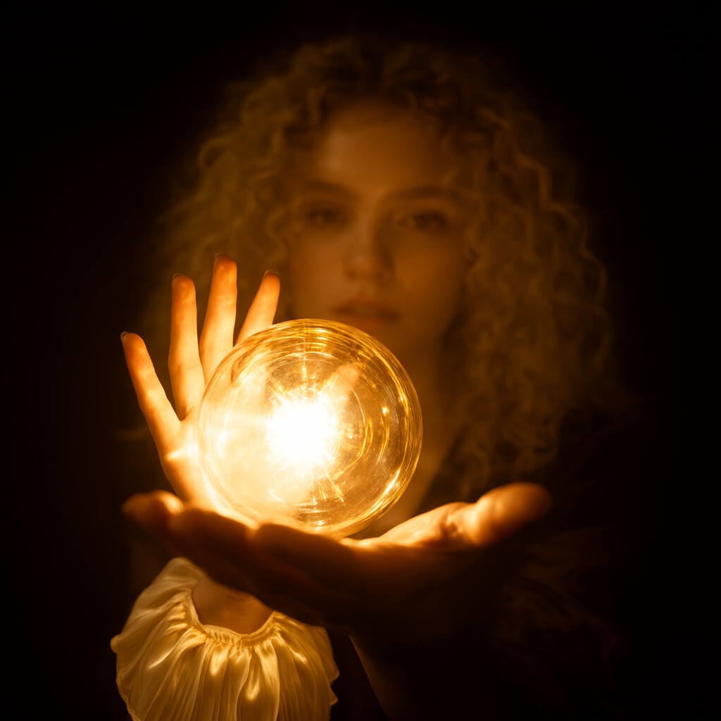{"high_level_description":"Cinematic warm-toned portrait of a young woman with curly blonde hair holding a luminous glass...