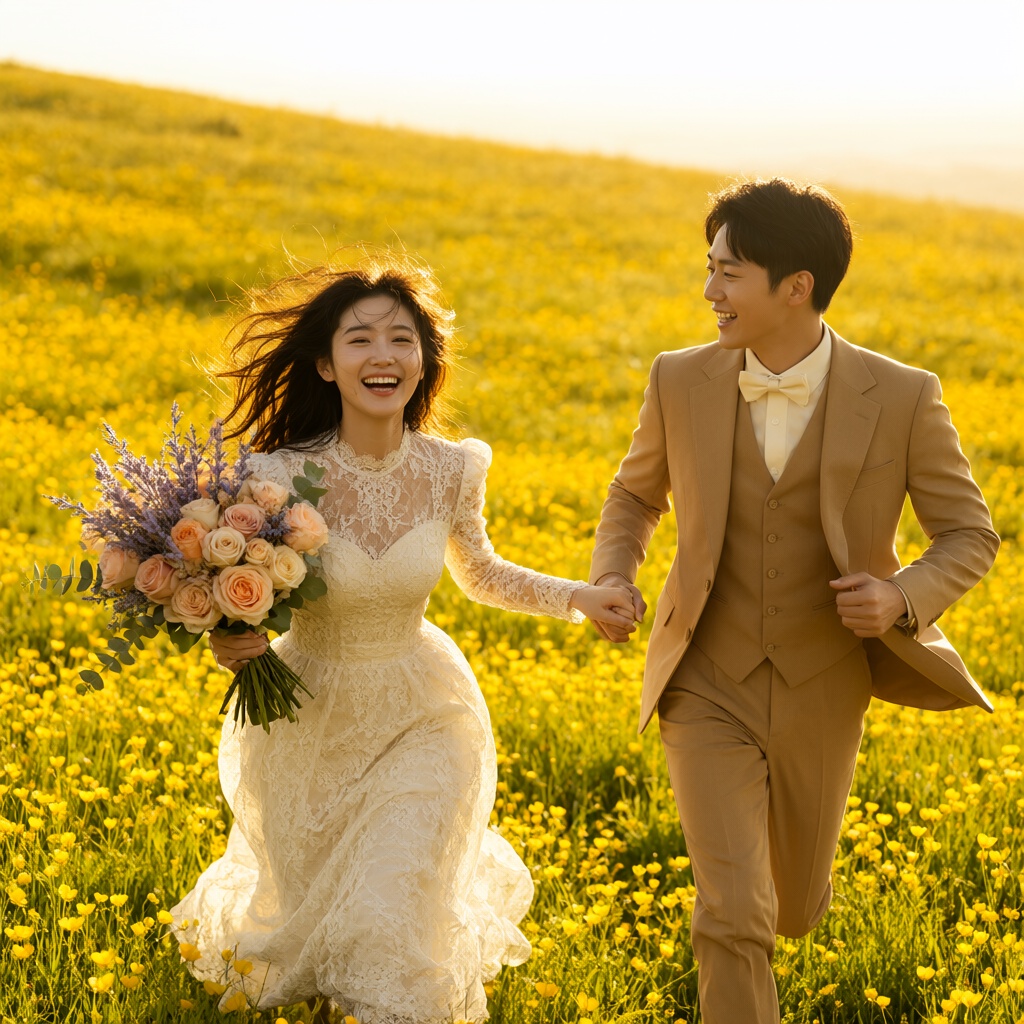 {"high_level_description":"A joyful cinematic photograph of a young East Asian couple running through a sun-drenched meado...