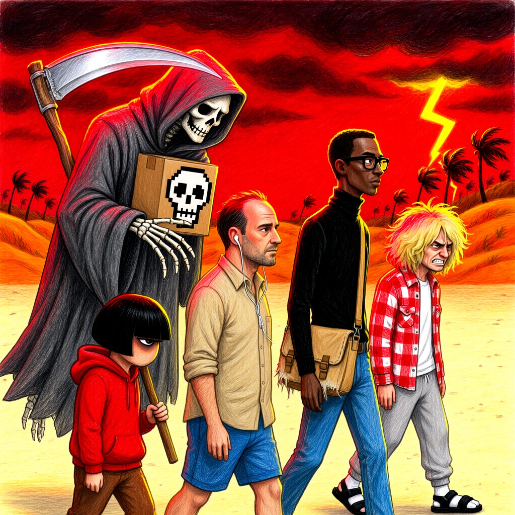 {"high_level_description":"A vibrant,  hand-drawn colored pencil illustration featuring four distinct characters marching...