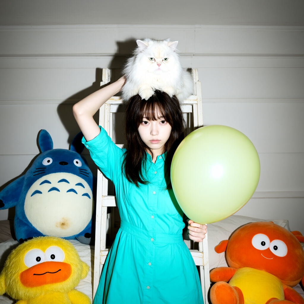 {"high_level_description":"Lo-fi flash photography portrait of a young Japanese woman in a turquoise shirt-dress,  balanci...