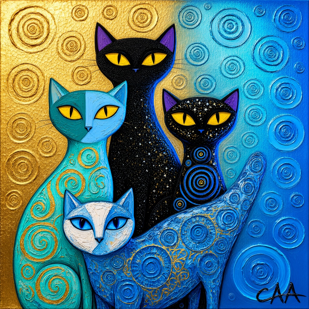 {"high_level_description":"A vertical stylized modern folk-art painting featuring four elongated,  whimsical cats with alm...