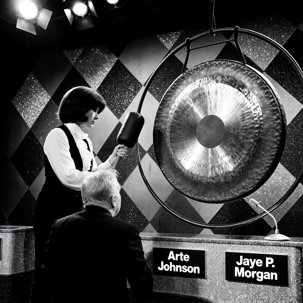{"high_level_description":"A crisp,  black and white archival photograph of the 1970s television set for 'The Gong Show'....