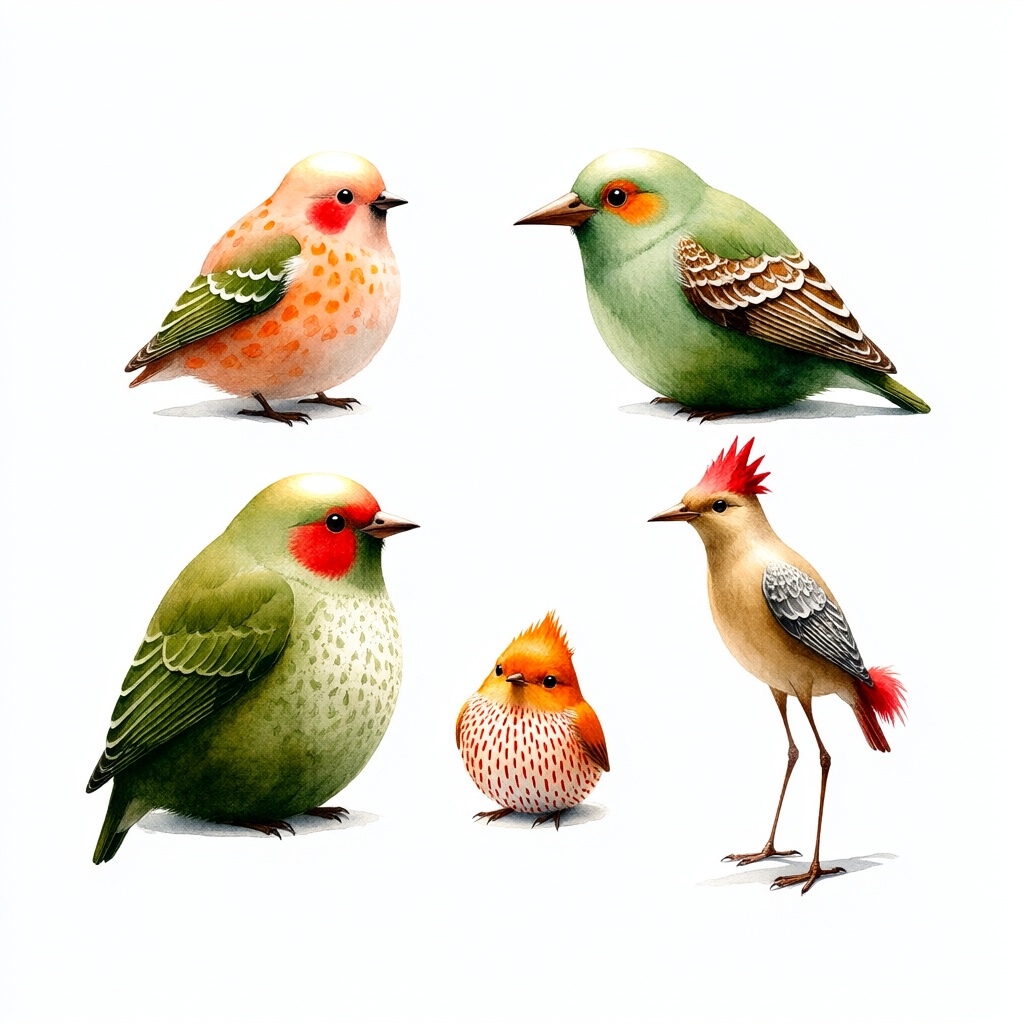 {"high_level_description":"Five whimsical watercolor songbirds arranged in a characterful ensemble against a stark white v...