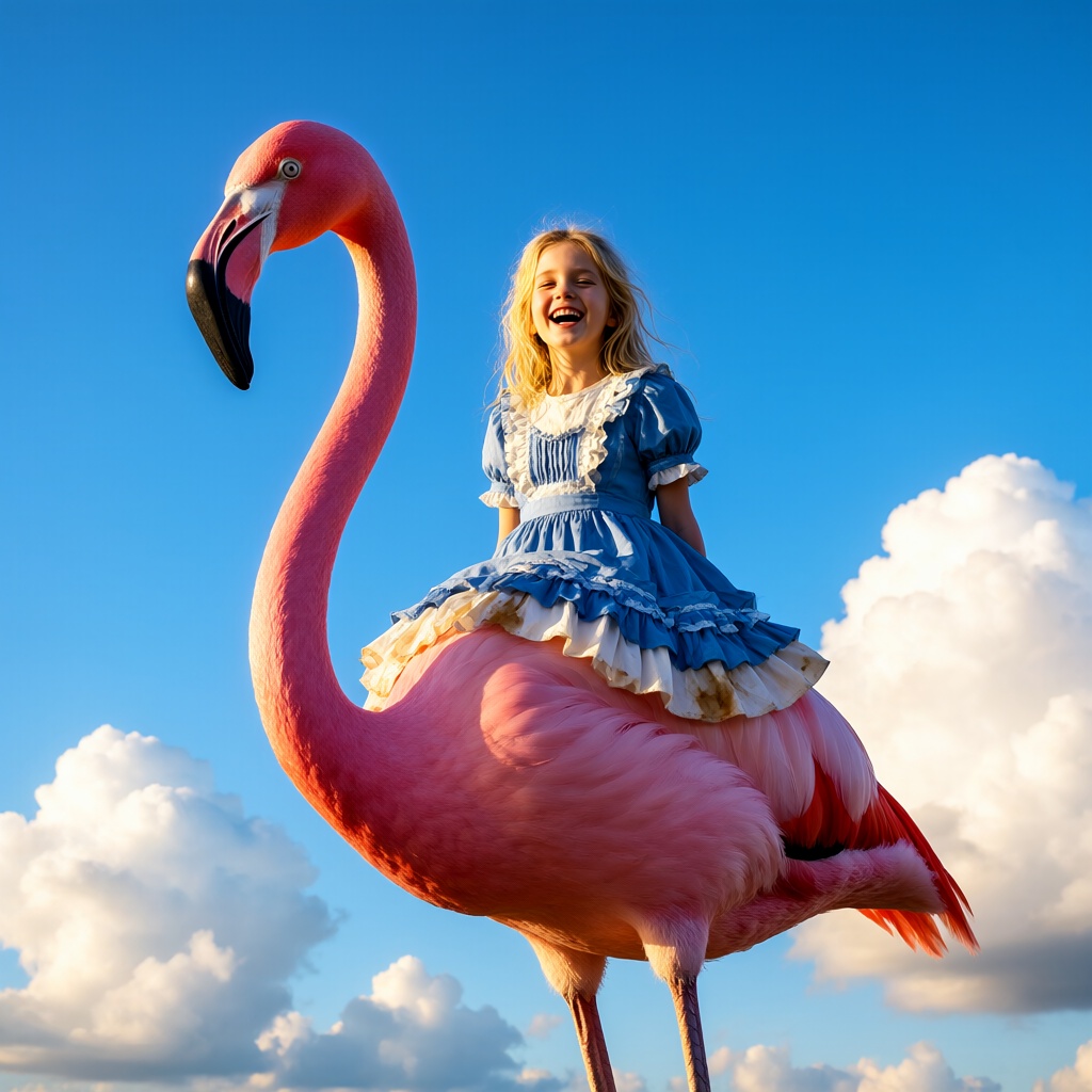 {"high_level_description":"A surreal,  low-angle cinematic photograph of a jubilant blonde girl in Victorian-inspired blue...