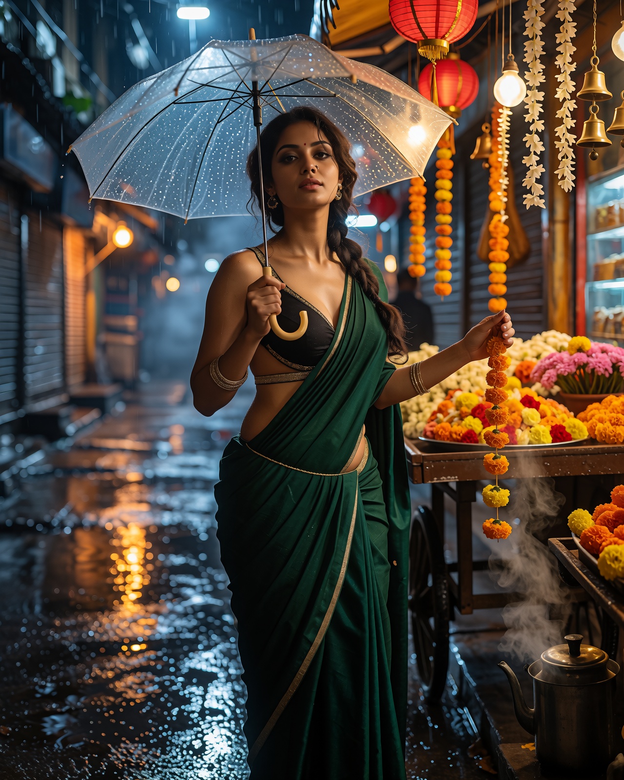 Photorealistic cinematic portrait,  rainy night on a Kolkata street,  wet asphalt reflecting yellow taxi lights and red la...