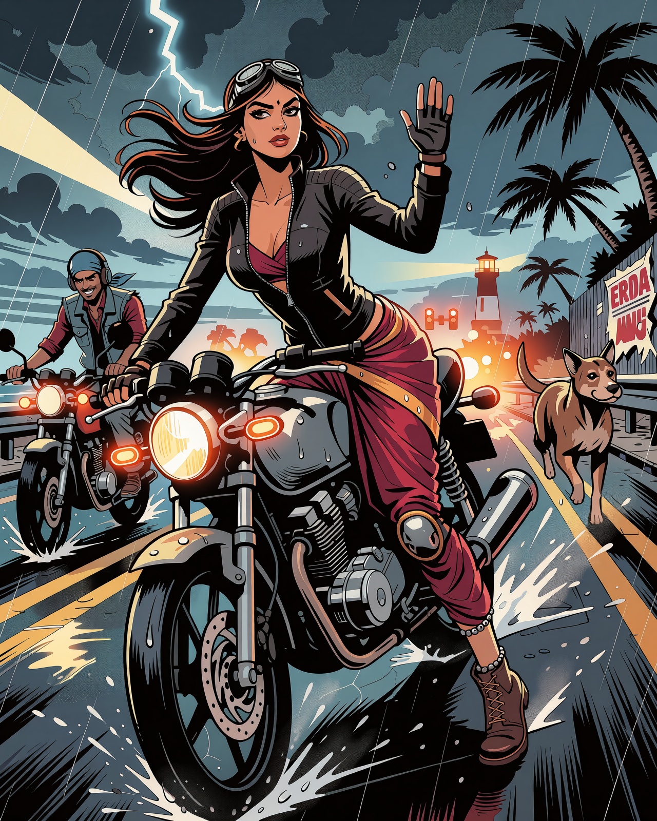Bold comic book illustration,  stormy afternoon on a coastal highway,  dark clouds on Tensor.Art