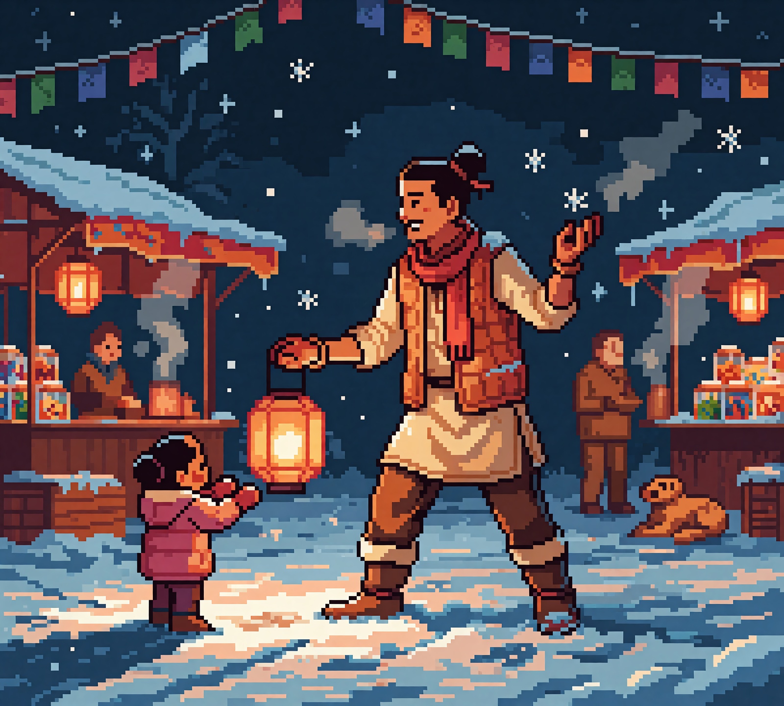 High-detail pixel art,  snowy night at a temple fair,  string lights on Tensor.Art