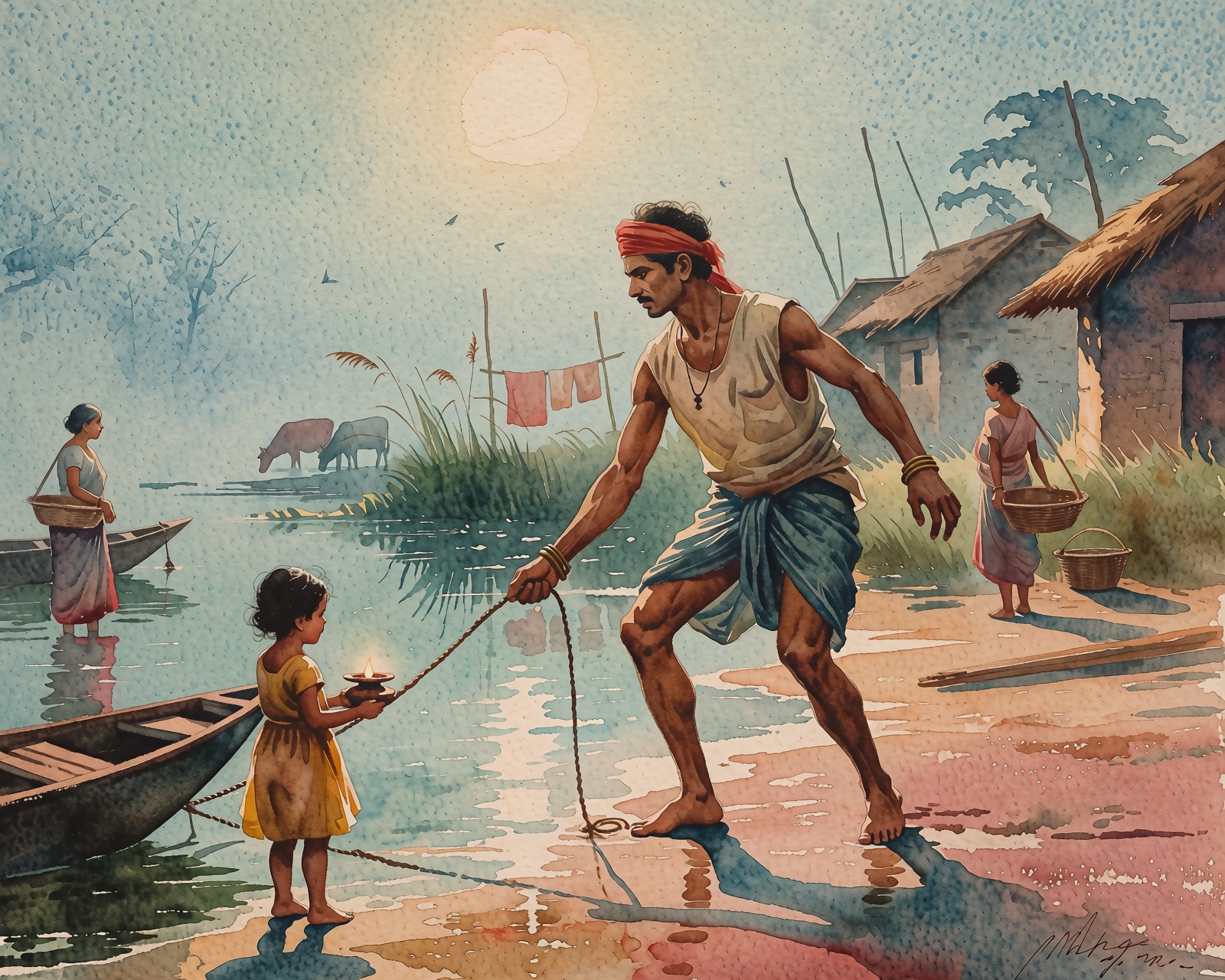 Loose watercolor painting,  foggy dawn in a riverside village,  pale blue mist on Tensor.Art
