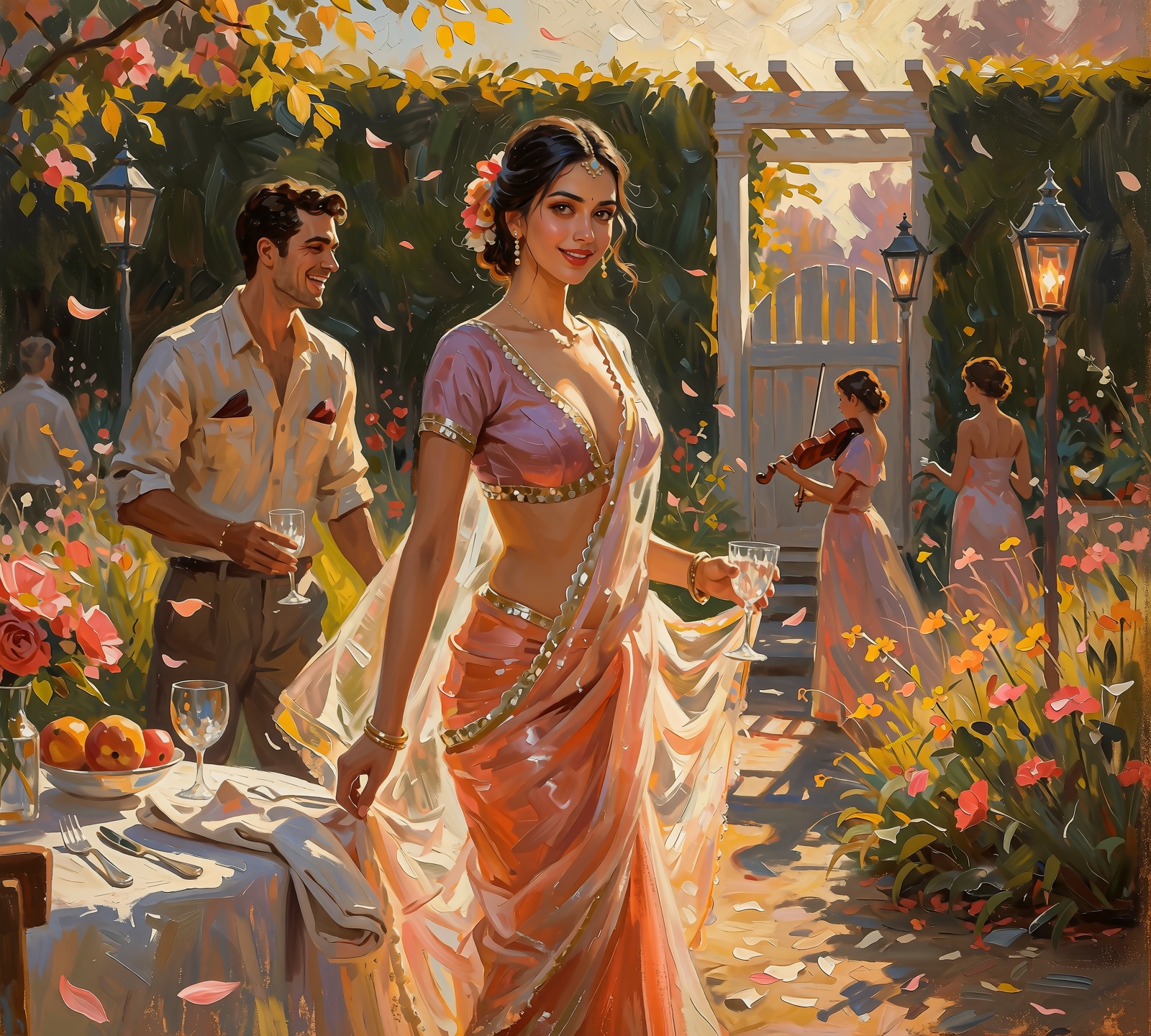 Impressionist oil painting,  golden hour in a private garden,  tall hedges on Tensor.Art