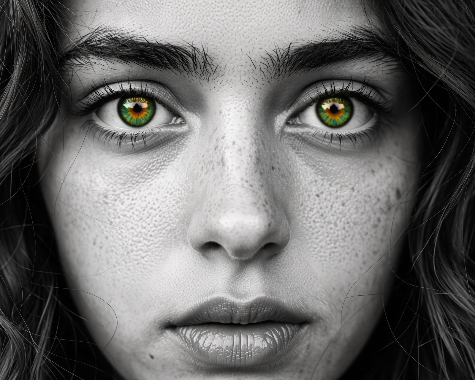 This is a portrait_photo of a young with a selective color aesthetic. The image is primarily in black and white,  except f...