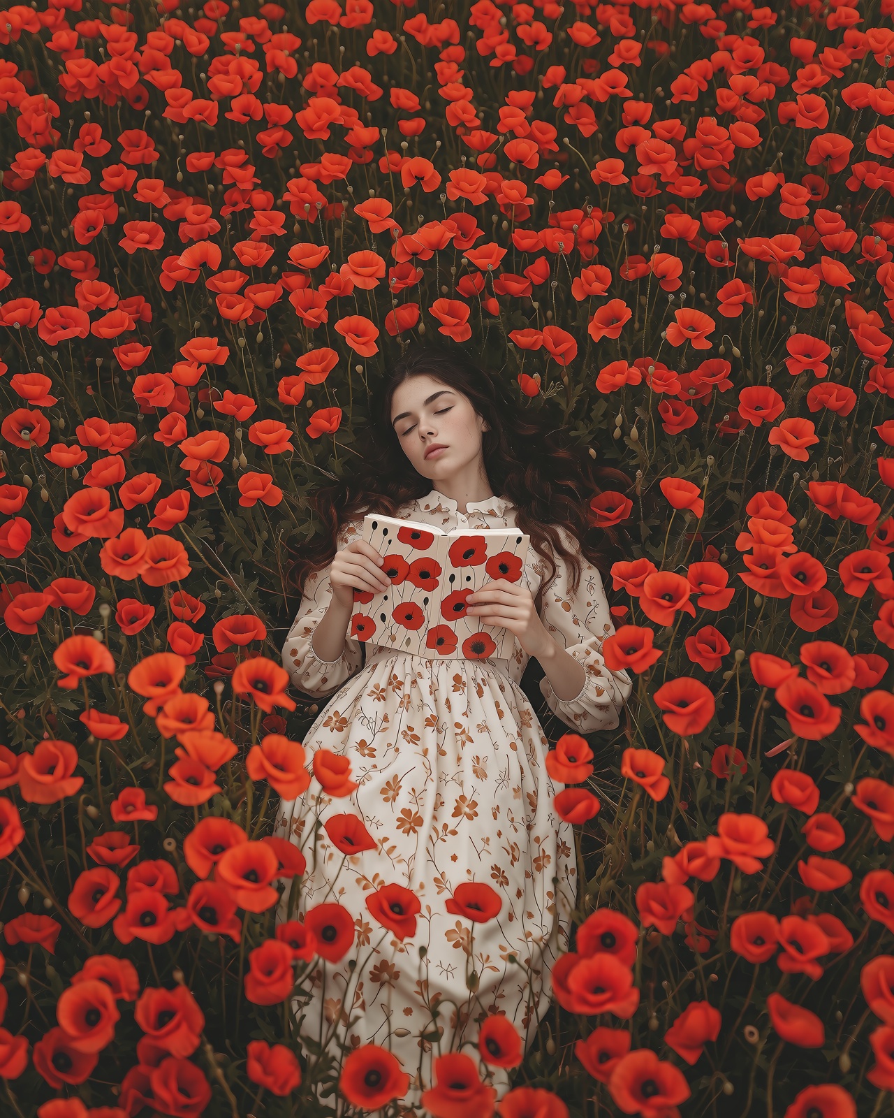 This fantasy_photo,  taken from a high-angle bird's-eye perspective,  features a young lying in a dense field of red poppi...