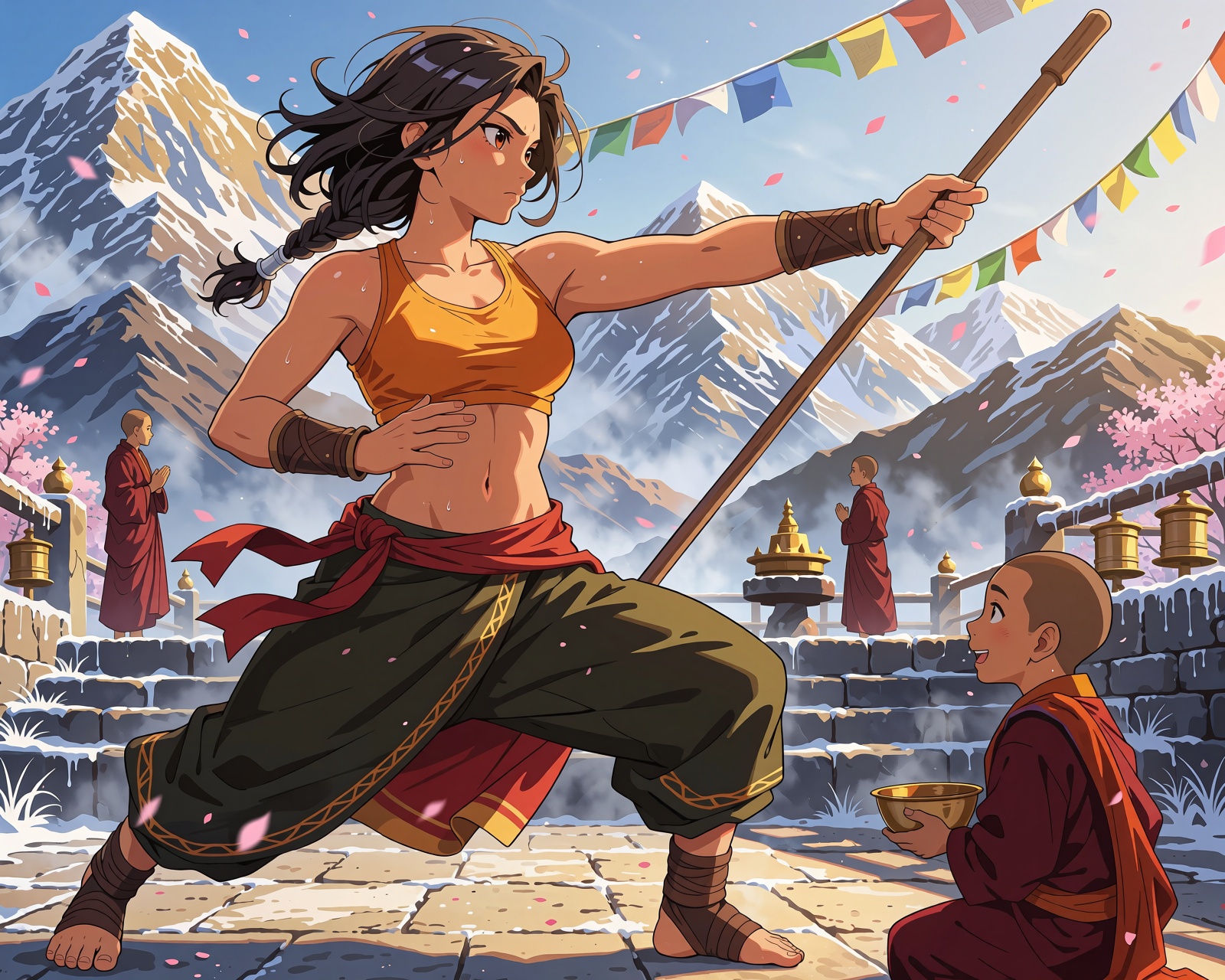 High-quality anime illustration,  bright sunny morning at a Himalayan monastery courtyard,  snow peaks on Tensor.Art