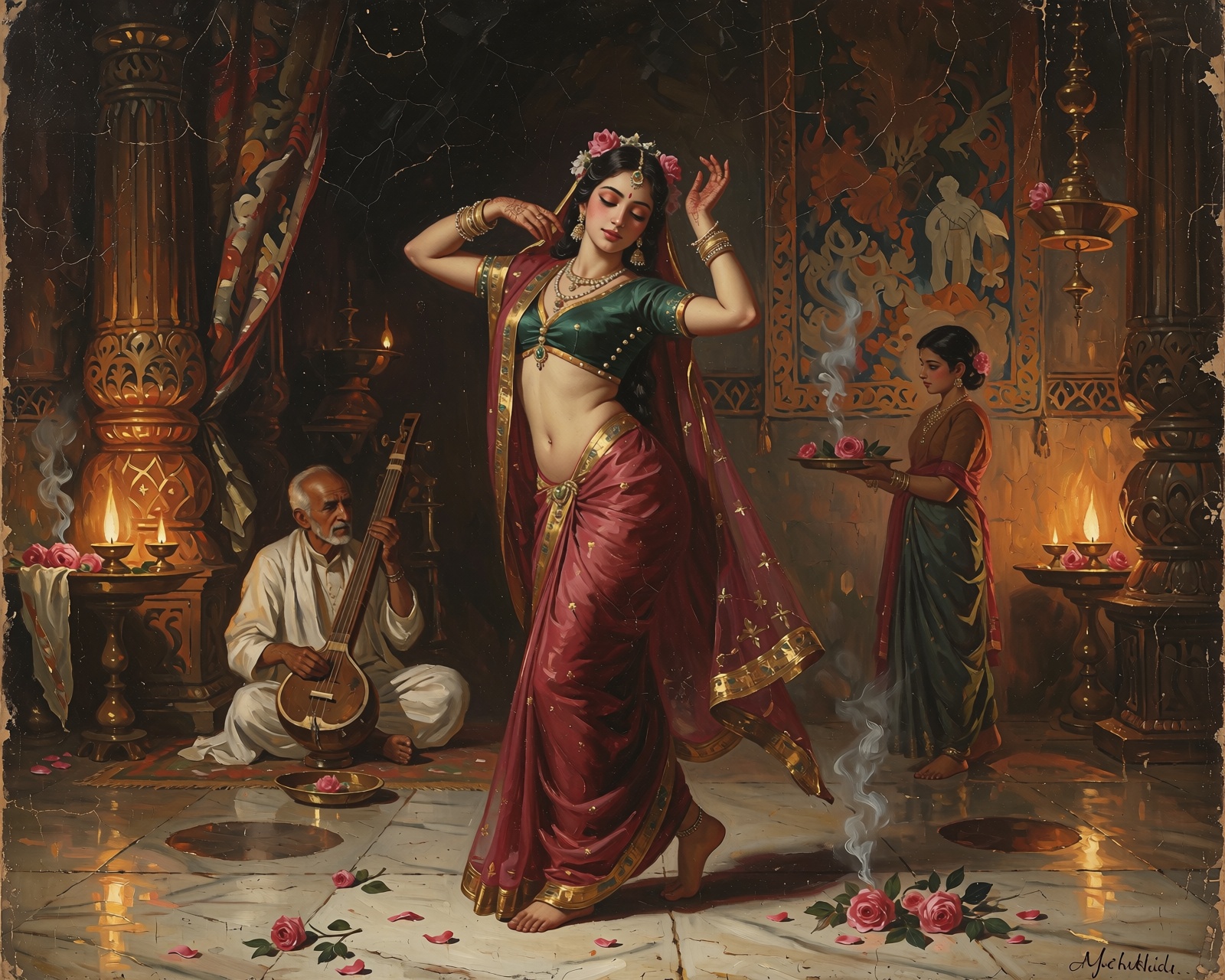 Classical oil painting,  warm candlelit indoor hall during evening,  carved wooden pillars on Tensor.Art