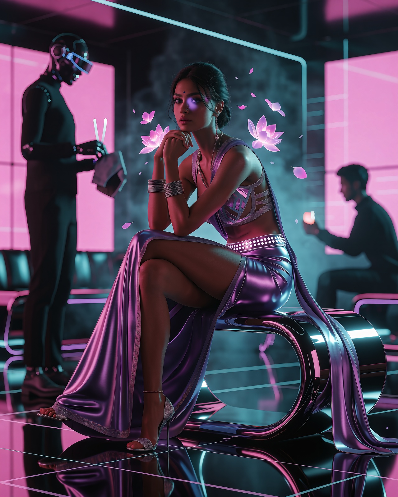Stylized 3D render,  indoor futuristic lounge at night,  neon pink and cyan panels on Tensor.Art