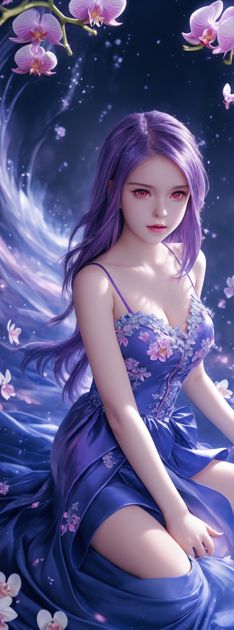 A stunning girl with vibrant purple hair and piercing ruby eyes dominates the frame,  her confident pose drawing the viewe...