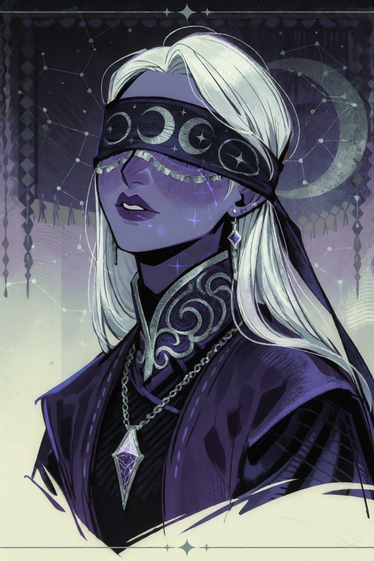 A gothic high-detail fantasy portrait of a young oracle-like woman with both eyes covered by a band of dark silk embroider...