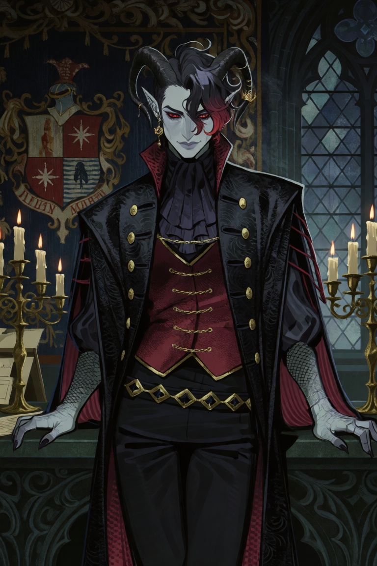 A dark fantasy portrait of a young man with small dark curved horns and a spade-tipped tail curling visible at his shoulde...