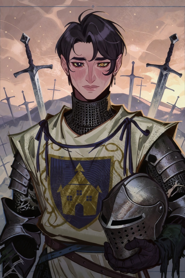 A whimsical,  high-detail fantasy portrait of a young knight-revenant with visible pale bone along the jaw and one eye soc...