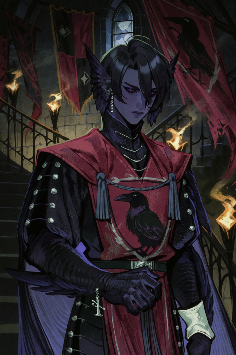 A dark fantasy portrait of a young raven-hybrid herald with glossy black feathered forearms and small dark feathered ears...