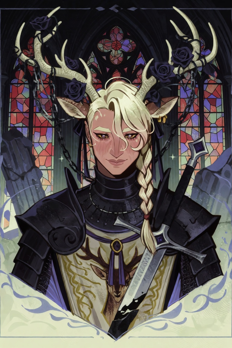 A whimsical,  high-detail fantasy portrait of a young stag-hybrid man with a wide set of pale antlers draped in dead black...