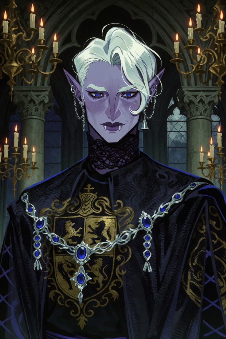 A dark fantasy portrait of a young noble vampire with pale marble skin and long silver-white hair swept back from a high f...