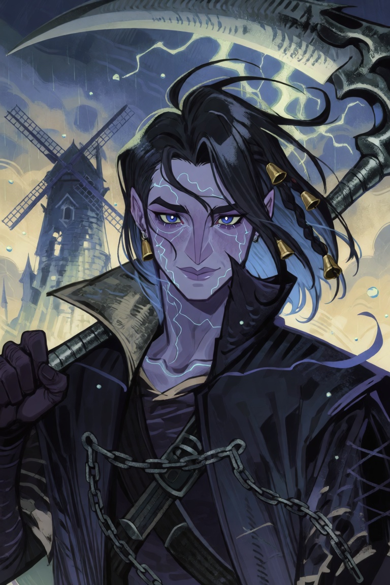 A whimsical,  high-detail fantasy portrait of a young storm-touched man with faint lightning-bolt scars along his jaw and...