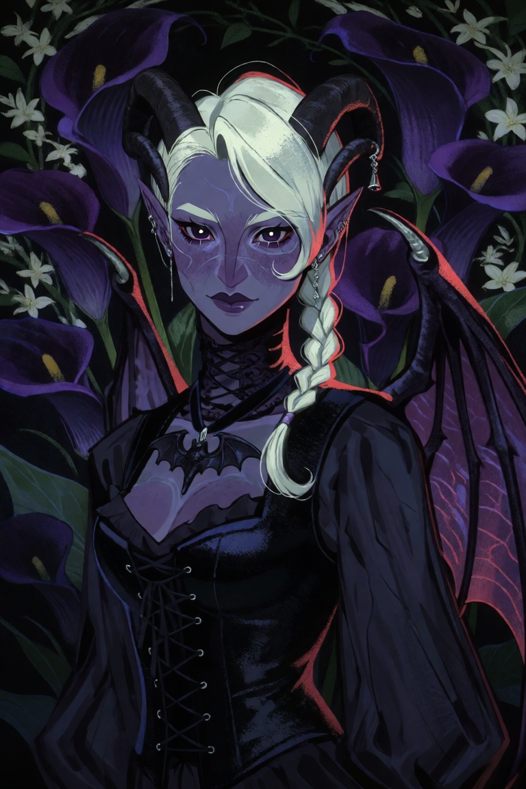 A dark fantasy portrait of a young woman with small dark curved horns and delicate bat-like wing membranes folded tight ag...
