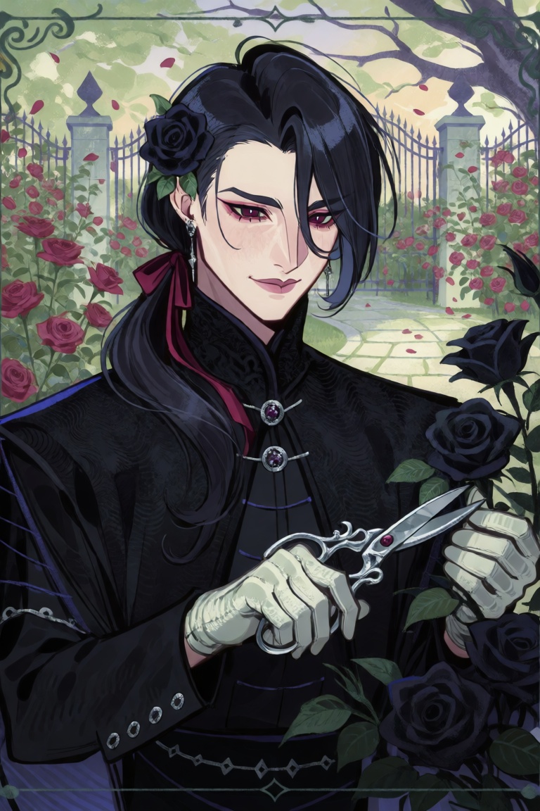 A whimsical,  high-detail fantasy portrait of a young man with pale skin and sharp aristocratic features,  long dark hair...