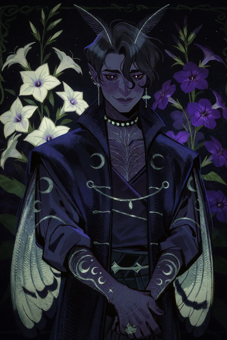 A dark fantasy portrait of a young man with small feathery moth antennae rising from dark hair and enormous moth wings in...