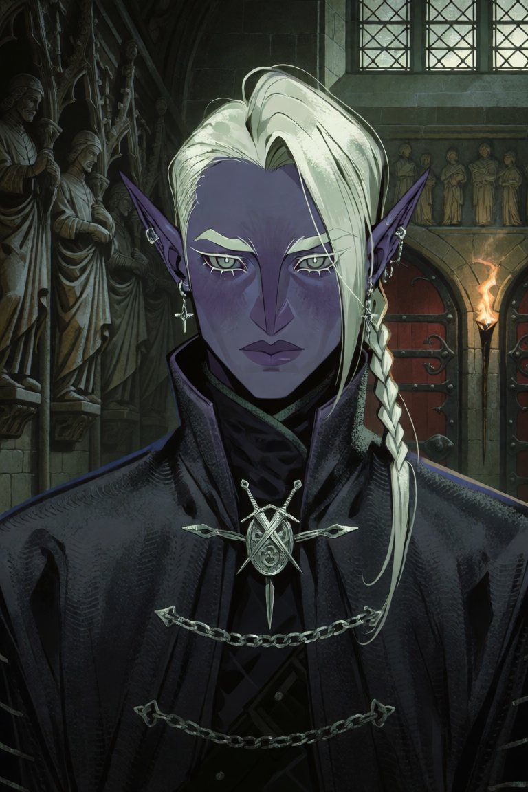 A dark fantasy portrait of a young elf-like inquisitor with tall tapered ears pierced with tiny silver studs climbing the...