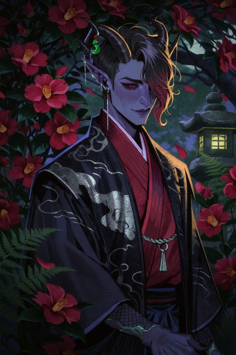 A dark fantasy portrait of a young man with small dark curved horns and pointed ears with tufted dark fur at the tips,  st...