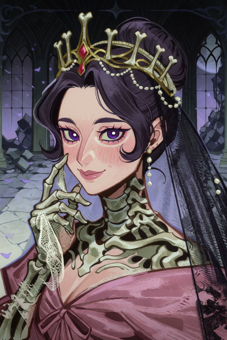 A whimsical,  high-detail fantasy portrait of a young skeletal princess with visible pale bone along the jaw,  cheekbone o...