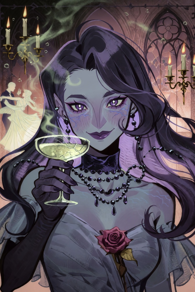 A whimsical,  high-detail fantasy portrait of a young woman with translucent gray skin through which faint violet veins gl...