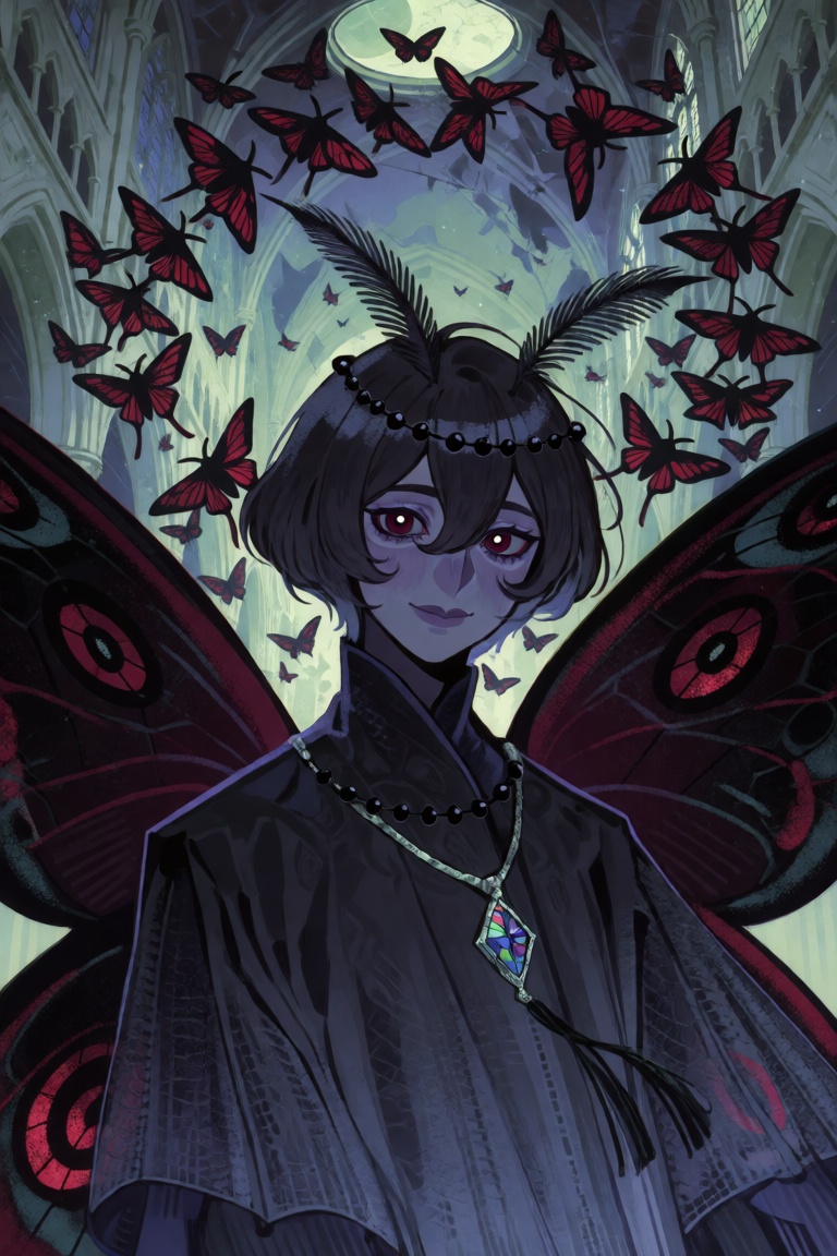 A whimsical,  high-detail fantasy portrait of a young moth-winged wraith with four enormous wings in charcoal and deep bur...