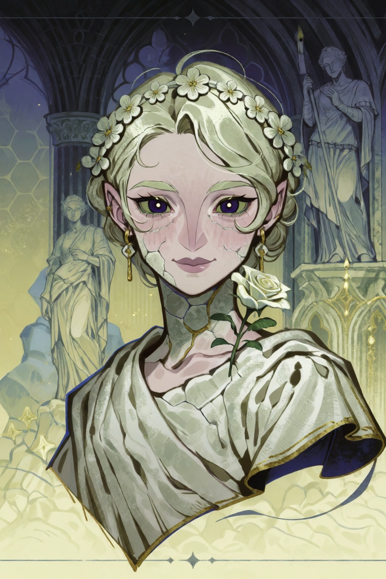 A whimsical,  high-detail fantasy portrait of a young stone-goddess with weathered marble-textured skin along the cheekbon...