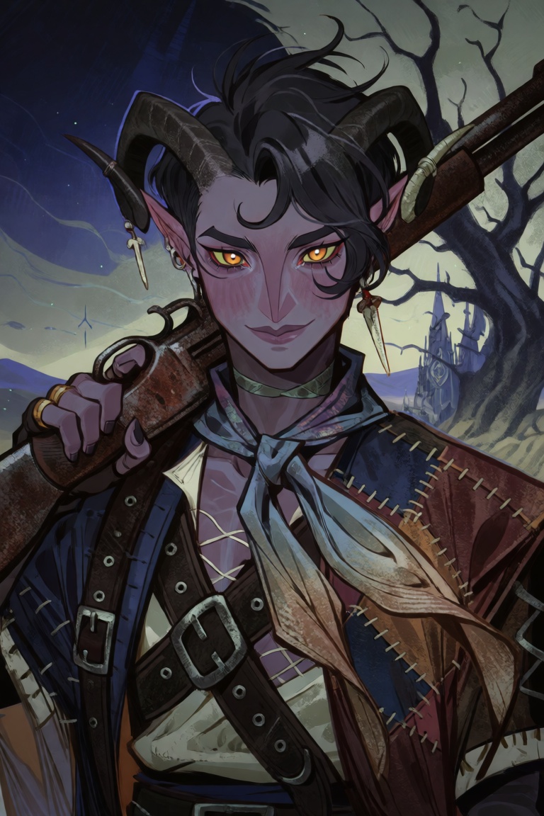 A whimsical,  high-detail fantasy portrait of a young half-blood nomad with warm sun-darkened skin and small curved horns...