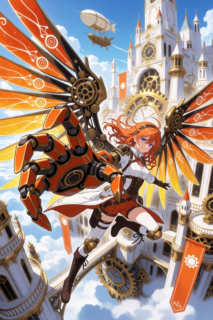 Create an extremely detailed,  vibrant 2D anime illustration of a beautiful ***** steampunk heroine flying through a magni...