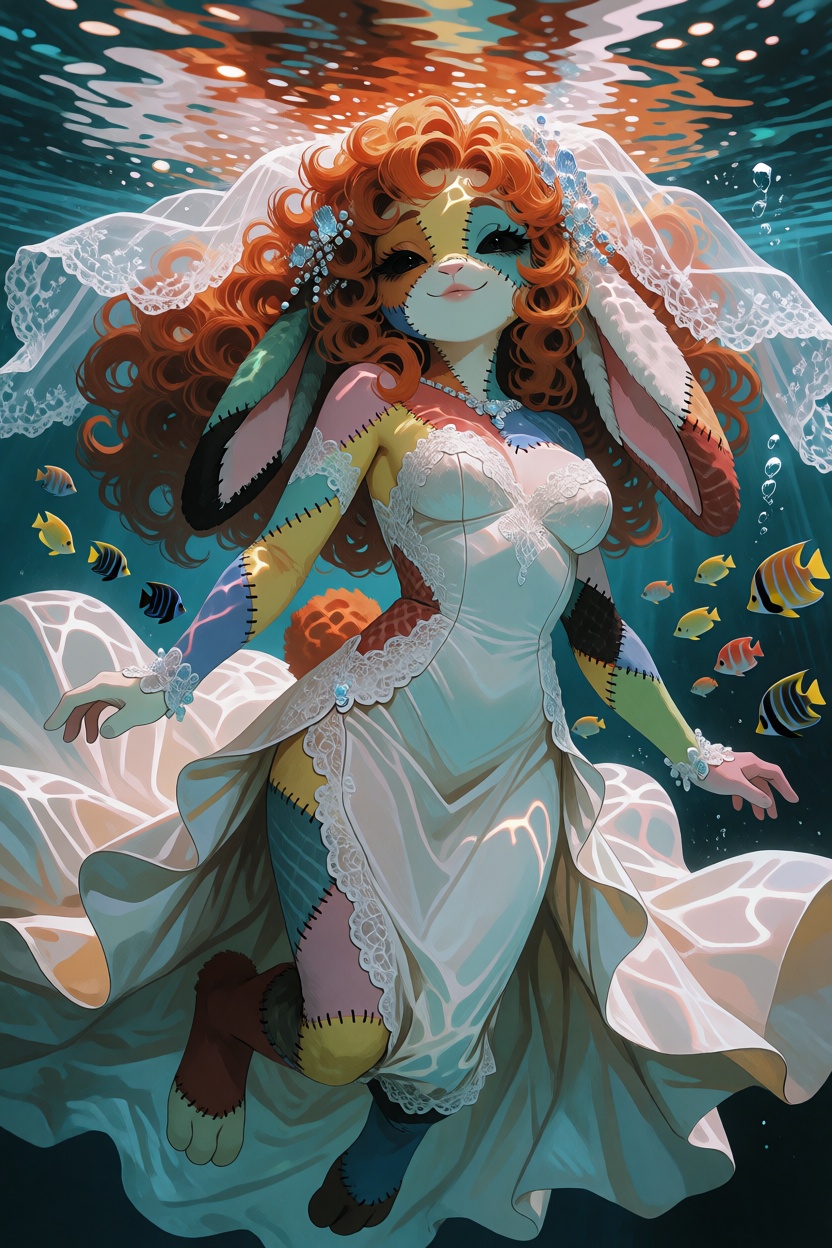@Willamina,  anthropomorphic plush rabbit girl,  complex detailed multicolored patchwork and stitched skin body and face o...