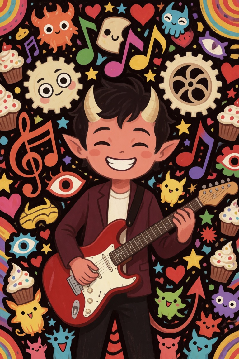 DecoDaal,  A smiling demon plays an electric guitar at the center of an elaborate collection of musical notes,  cartoon fa...