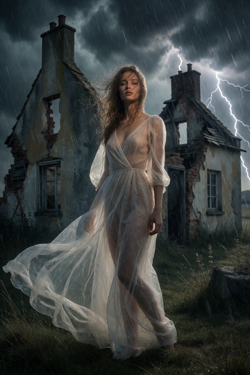 An elegant and sensual full-body portrait of a slender European woman in her mid-twenties. She is dressed in an ethereal t...