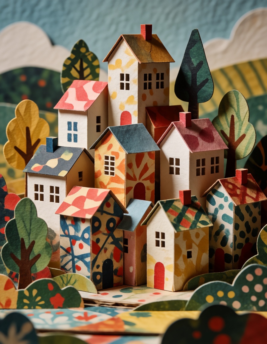 a tiny paper town with stacked houses and cutout trees,  with richly patterned hide and visually distinctive coloration,...