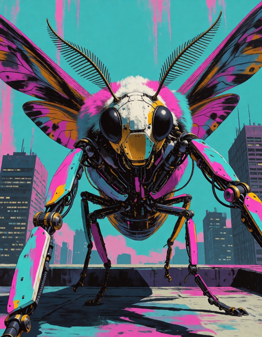 a cyber-organic moth queen with exposed circuitry,  sensor eyes and trailing cables,  with gold-plated facial panels and l...