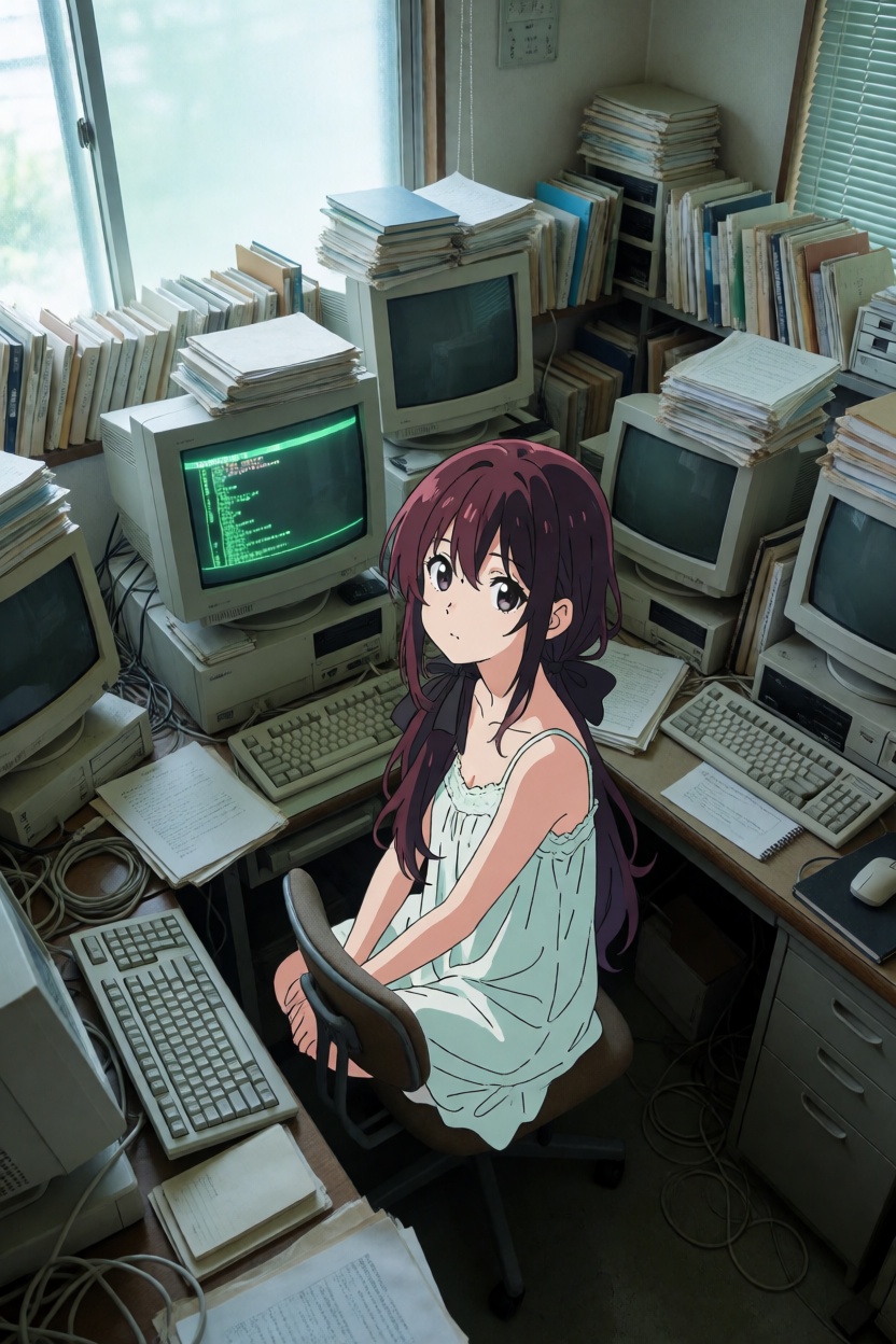 A striking hybrid composition featuring a beautiful young ***** woman rendered entirely in pure 2D cel-anime style,  sitti...